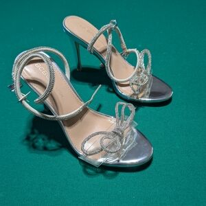 BCBG Silver Metallic Strappy High Heel Sandals